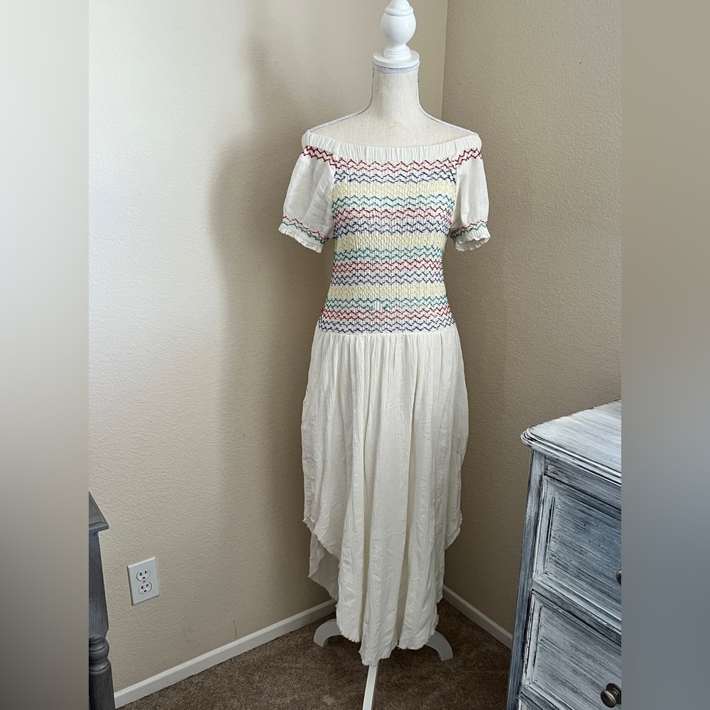 Free People Off-Shoulder Cream Dress with Multicolor Zigzag